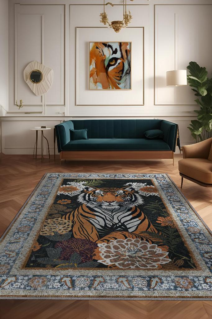 Homshtag Nuh'un Gemisi Koleksiyonu Kaplan, Çiçek Desenli Art Deco Tarzı Vintage Halı,Çok Renkli Maksimalist Halı