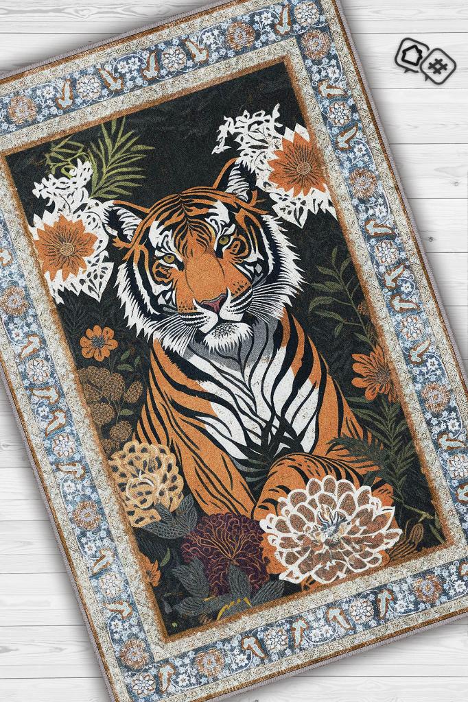 Homshtag Nuh'un Gemisi Koleksiyonu Kaplan, Çiçek Desenli Art Deco Tarzı Vintage Halı,Çok Renkli Maksimalist Halı