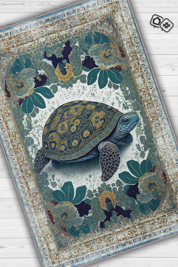 Homshtag Nuh'un Gemisi Koleksiyonu Kaplumbağa Çiçek Desenli Art Deco Tarzı Vintage Halı,Çok Renkli Maksimalist Halı