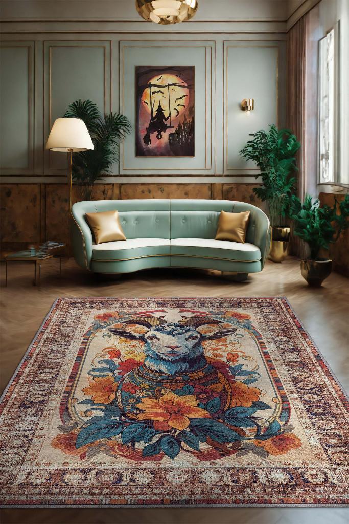 Homshtag Nuh'un Gemisi Koleksiyonu Keçi Çiçek Desenli Temalı Vintage Renkli Maksimalist Halı