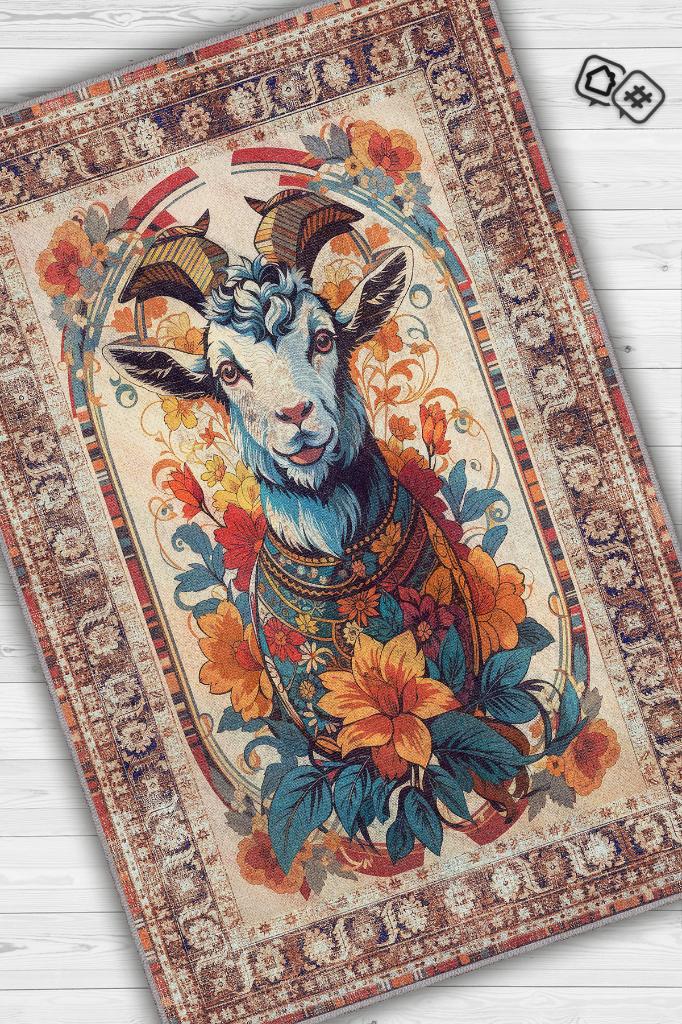 Homshtag Nuh'un Gemisi Koleksiyonu Keçi Çiçek Desenli Temalı Vintage Renkli Maksimalist Halı