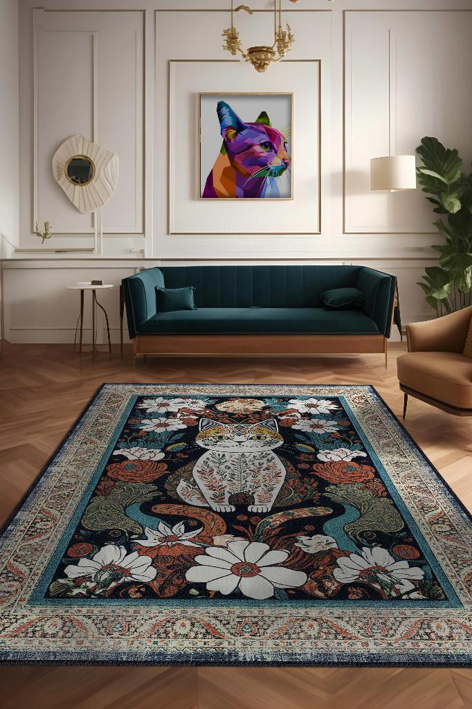 Homshtag Nuh'un Gemisi Koleksiyonu Kedi, Çiçek Desenli Art Deco Tarzı Vintage Halı,Çok Renkli Maksimalist Halı