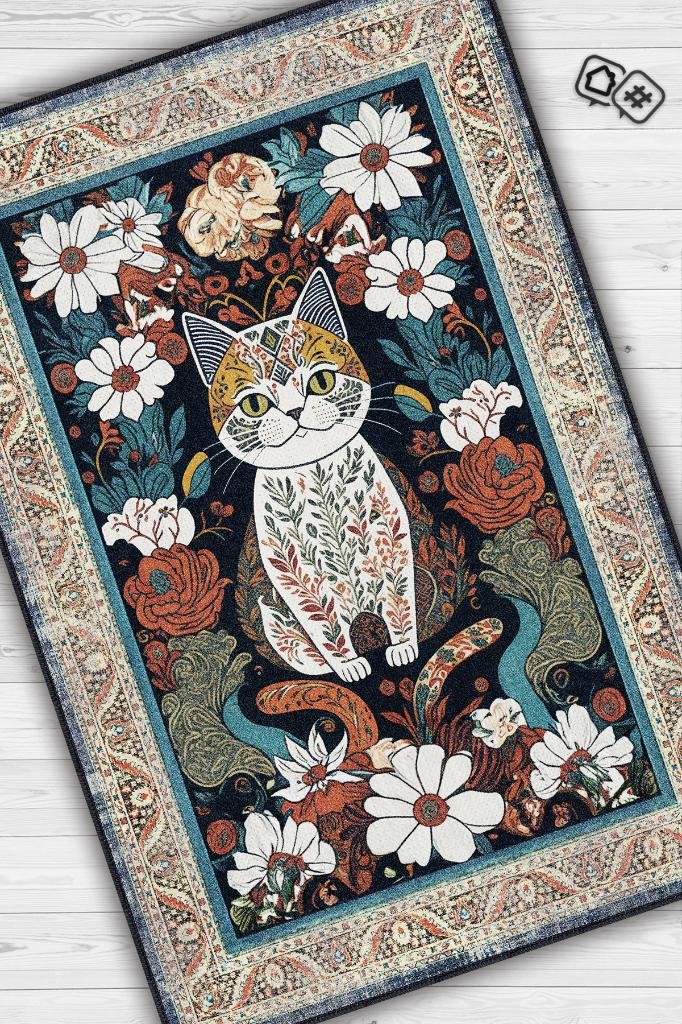 Homshtag Nuh'un Gemisi Koleksiyonu Kedi, Çiçek Desenli Art Deco Tarzı Vintage Halı,Çok Renkli Maksimalist Halı