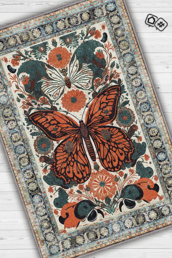 Homshtag Nuh'un Gemisi Koleksiyonu Kelebek, Çiçek Desenli Art Deco Tarzı Vintage Halı,Çok Renkli Maksimalist Halı
