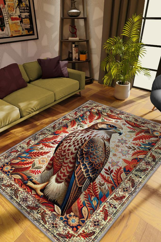 Homshtag Nuh'un Gemisi Koleksiyonu Kızıl Boynuzlu Şahin Çiçek Temalı Vintage Renkli Maksimalist Halı