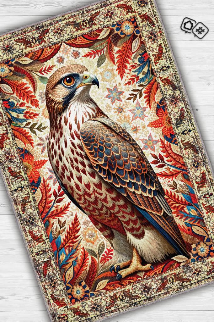 Homshtag Nuh'un Gemisi Koleksiyonu Kızıl Boynuzlu Şahin Çiçek Temalı Vintage Renkli Maksimalist Halı