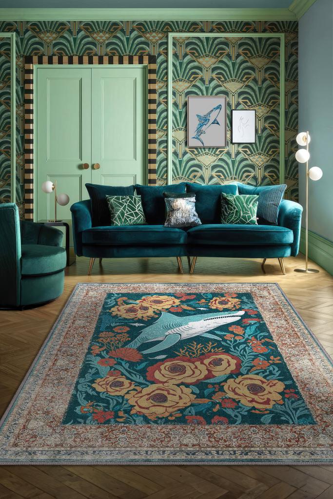 Homshtag Nuh'un Gemisi Koleksiyonu Köpek Balığı, Çiçek Desenli Art Deco Tarzı Vintage Halı,Çok Renkli Maksimalist Halı
