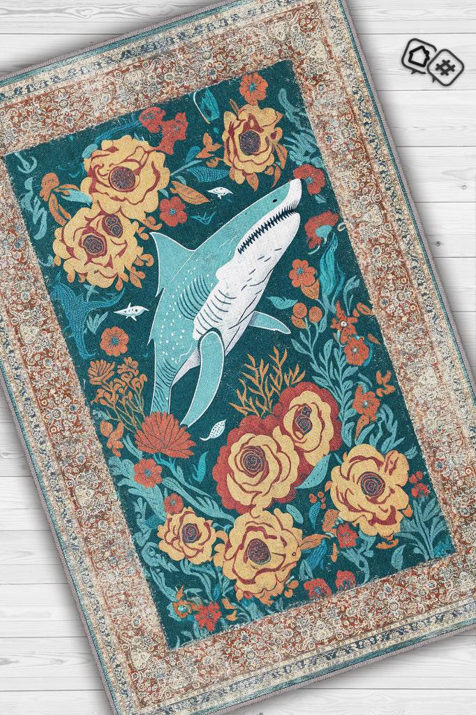 Homshtag Nuh'un Gemisi Koleksiyonu Köpek Balığı, Çiçek Desenli Art Deco Tarzı Vintage Halı,Çok Renkli Maksimalist Halı