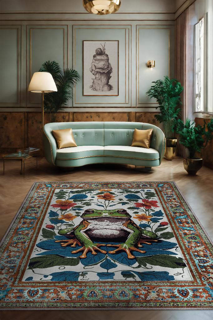 Homshtag Nuh'un Gemisi Koleksiyonu Kurbağa, Çiçek Desenli Art Deco Tarzı Vintage Halı,Çok Renkli Maksimalist Halı