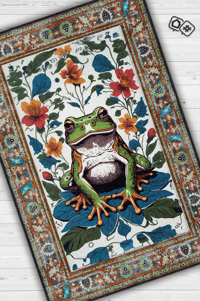Homshtag Nuh'un Gemisi Koleksiyonu Kurbağa, Çiçek Desenli Art Deco Tarzı Vintage Halı,Çok Renkli Maksimalist Halı
