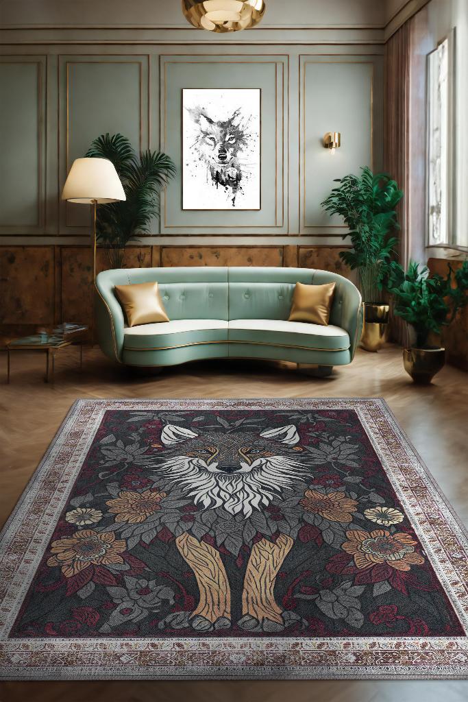 Homshtag Nuh'un Gemisi Koleksiyonu Kurt, Çiçek Desenli Art Deco Tarzı Vintage Halı,Çok Renkli Maksimalist Halı