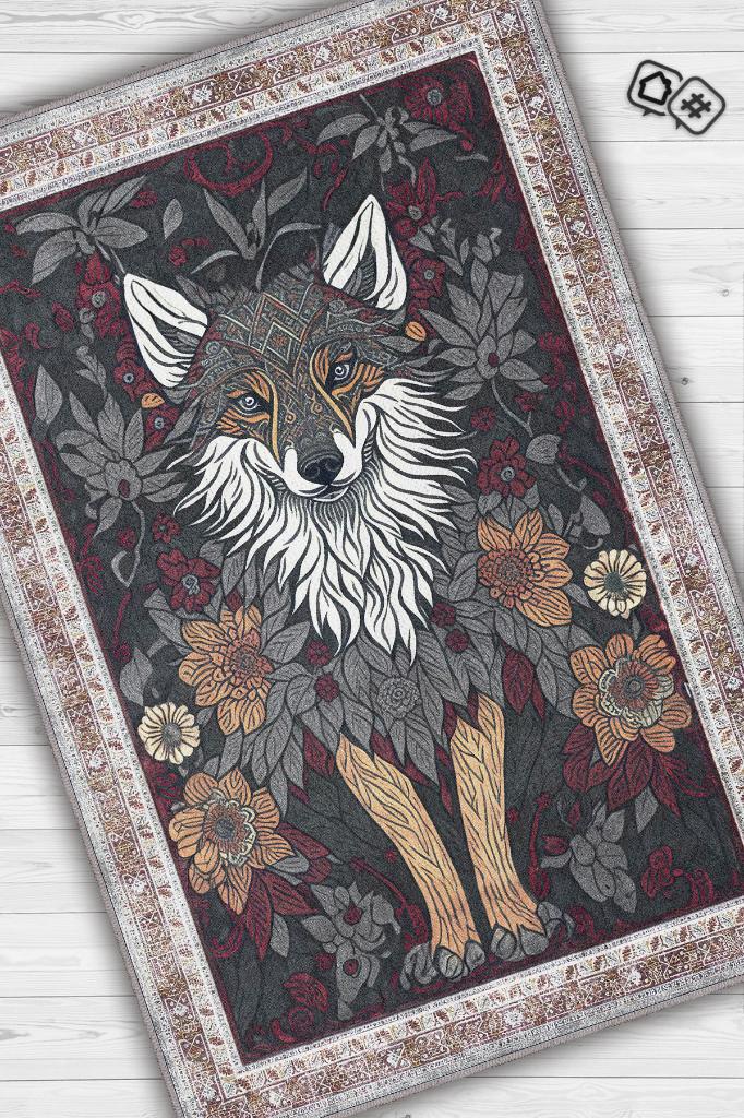 Homshtag Nuh'un Gemisi Koleksiyonu Kurt, Çiçek Desenli Art Deco Tarzı Vintage Halı,Çok Renkli Maksimalist Halı