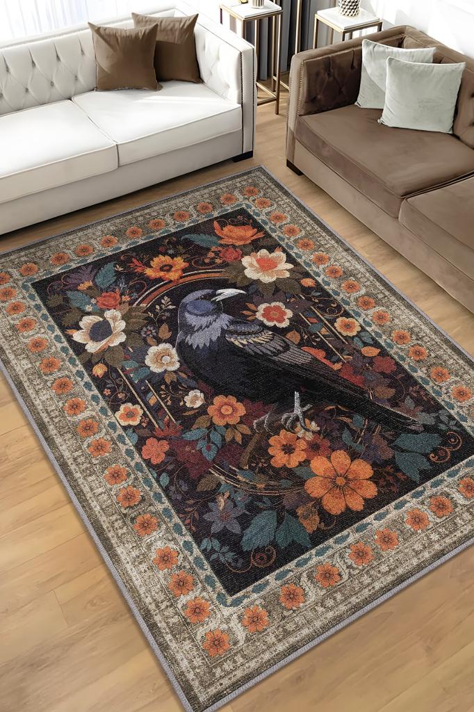 Homshtag Nuh'un Gemisi Koleksiyonu Kuzgun Çiçek Desenli Karga Temalı Vintage Renkli Maksimalist Halı