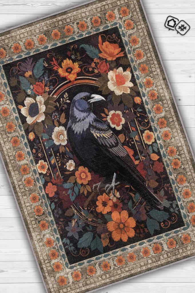 Homshtag Nuh'un Gemisi Koleksiyonu Kuzgun Çiçek Desenli Karga Temalı Vintage Renkli Maksimalist Halı