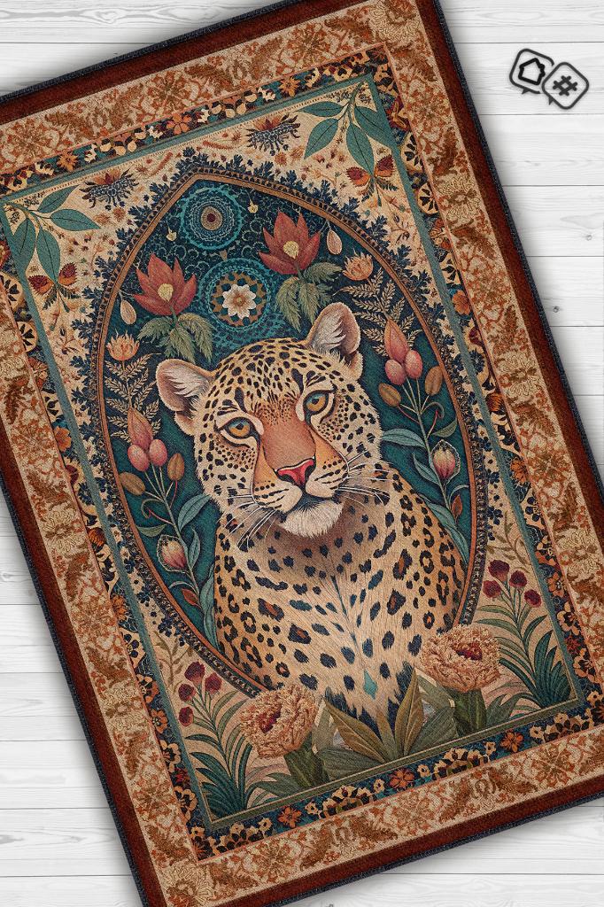 Homshtag Nuh'un Gemisi Koleksiyonu Leopar Temalı Çiçekli Krem Renkli Bordürlü Şık Konsept Halı