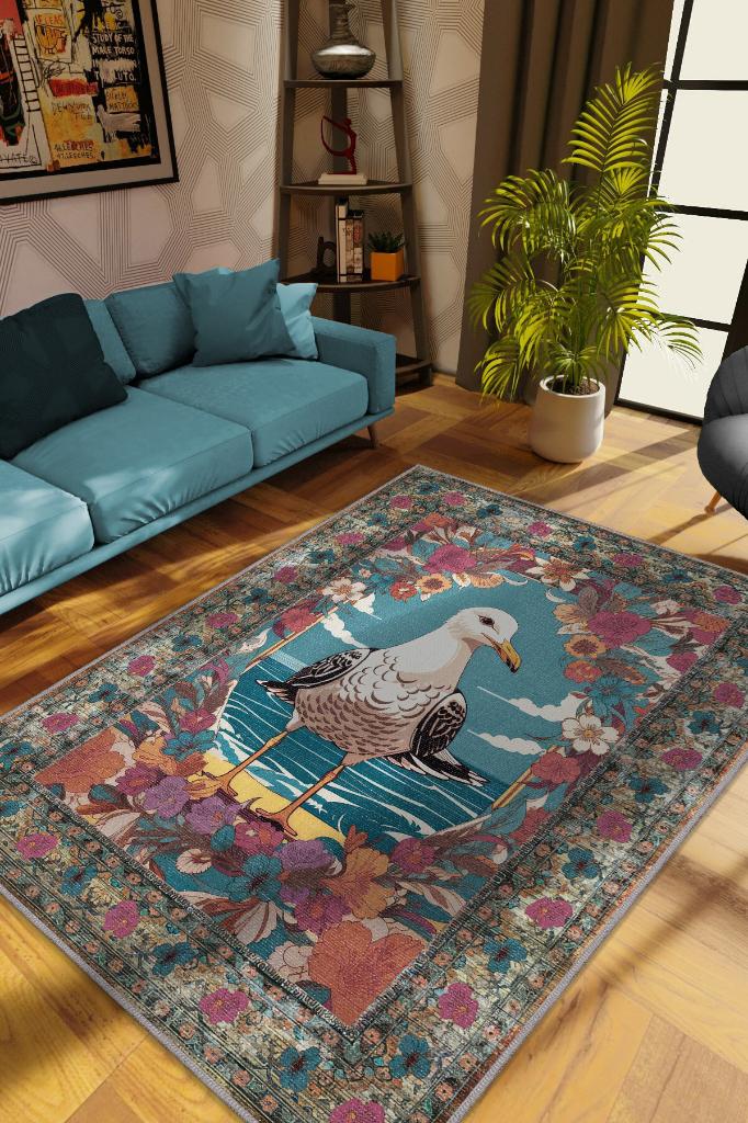 Homshtag Nuh'un Gemisi Koleksiyonu Martı Çiçek Desenli Temalı Vintage Renkli Maksimalist Halı