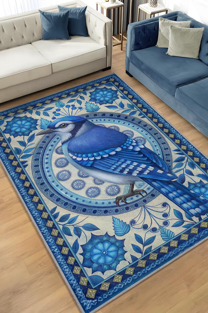 Homshtag Nuh'un Gemisi Koleksiyonu Mavi Alakarga Kuşu Temalı Çiçekli Mavi Renk Bordürlü Konsept Halı