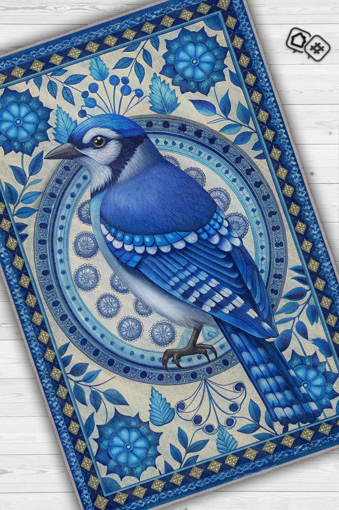 Homshtag Nuh'un Gemisi Koleksiyonu Mavi Alakarga Kuşu Temalı Çiçekli Mavi Renk Bordürlü Konsept Halı