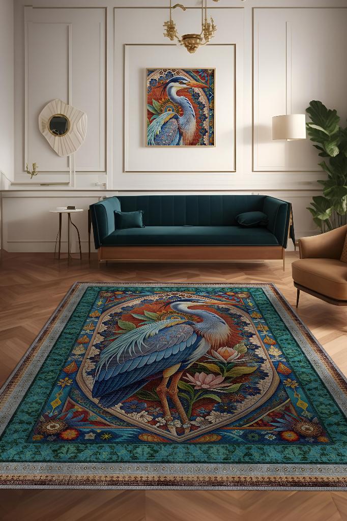 Homshtag Nuh'un Gemisi Koleksiyonu Mavi Balıkçıl Temalı Çiçekli Çok Renkli Bordürlü Konsept Halı