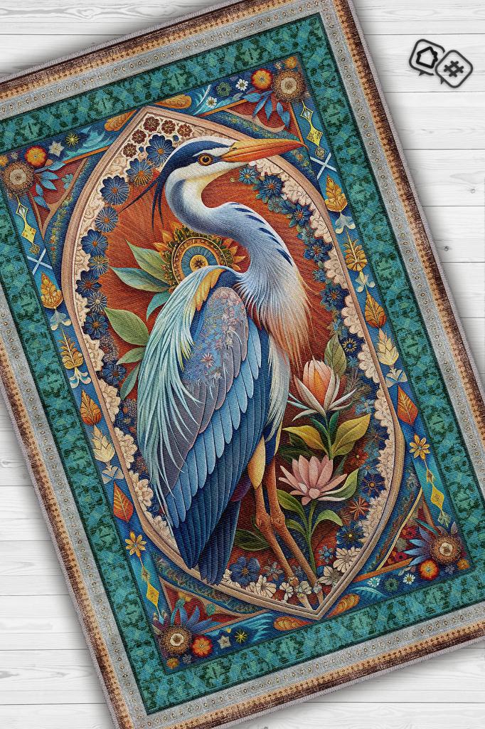 Homshtag Nuh'un Gemisi Koleksiyonu Mavi Balıkçıl Temalı Çiçekli Çok Renkli Bordürlü Konsept Halı