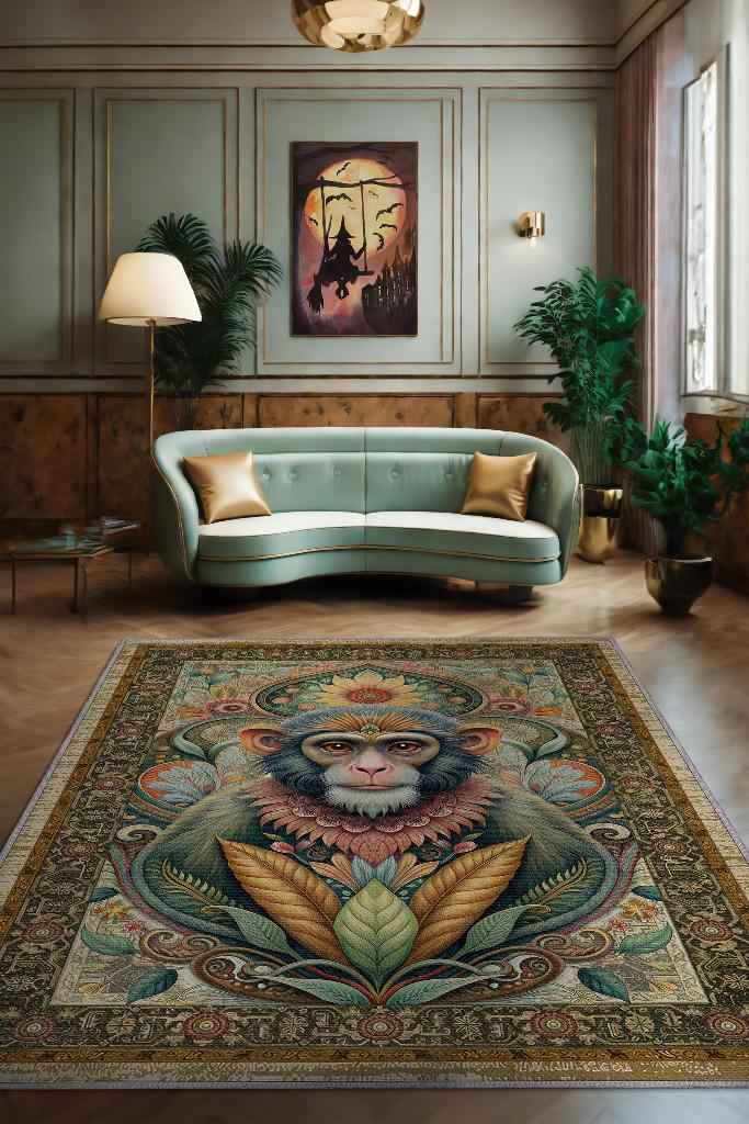 Homshtag Nuh'un Gemisi Koleksiyonu Maymun Çiçek Temalı Vintage Renkli Maksimalist Halı