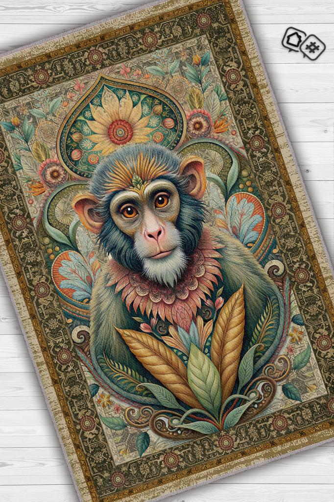 Homshtag Nuh'un Gemisi Koleksiyonu Maymun Çiçek Temalı Vintage Renkli Maksimalist Halı