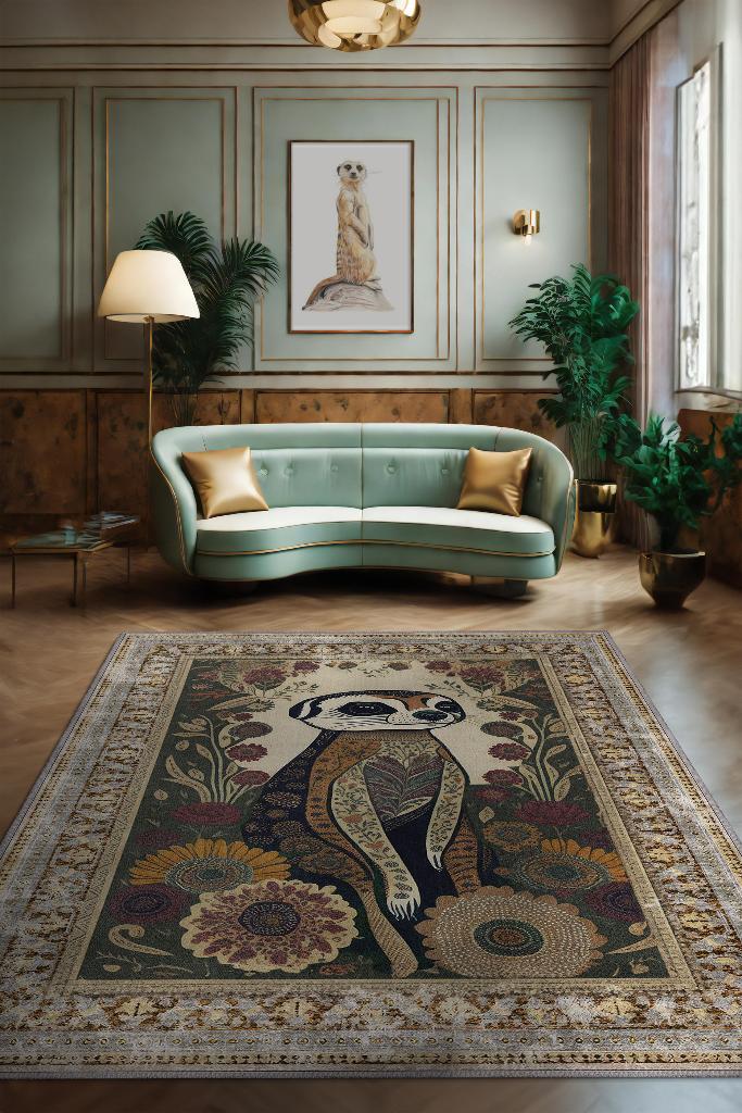 Homshtag Nuh'un Gemisi Koleksiyonu Mirket, Çiçek Desenli Art Deco Tarzı Vintage Halı,Çok Renkli Maksimalist Halı