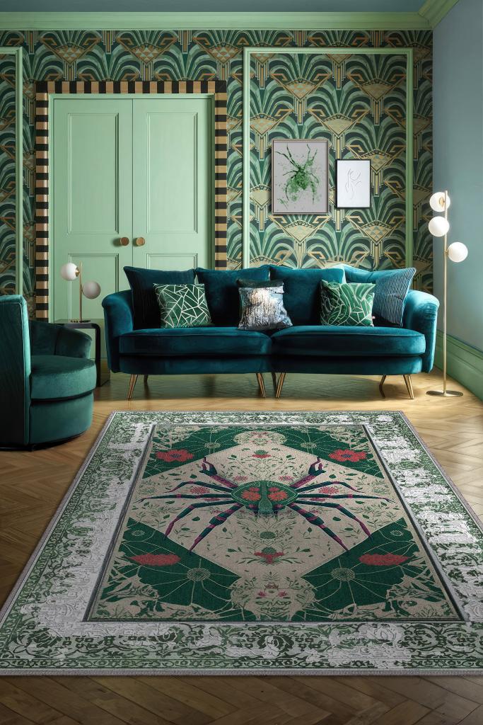 Homshtag Nuh'un Gemisi Koleksiyonu Örümcek, Çiçek Desenli Art Deco Tarzı Vintage Halı,Çok Renkli Maksimalist Halı