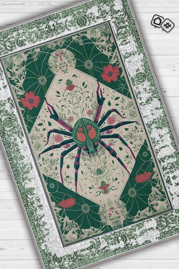 Homshtag Nuh'un Gemisi Koleksiyonu Örümcek, Çiçek Desenli Art Deco Tarzı Vintage Halı,Çok Renkli Maksimalist Halı
