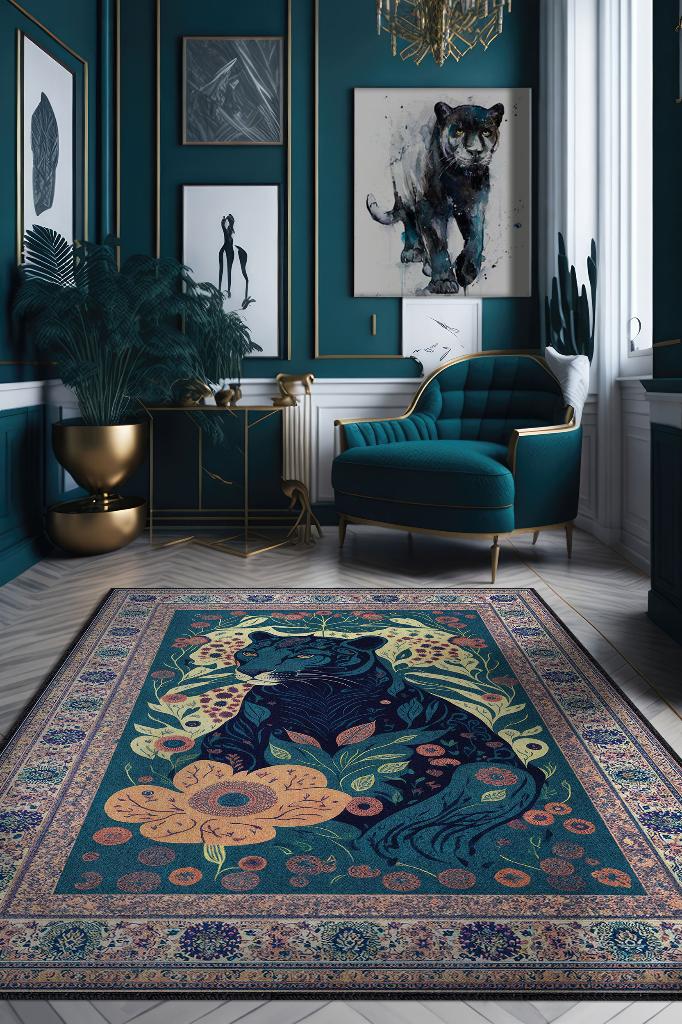 Homshtag Nuh'un Gemisi Koleksiyonu Panter, Çiçek Desenli Art Deco Tarzı Vintage Halı,Çok Renkli Maksimalist Halı