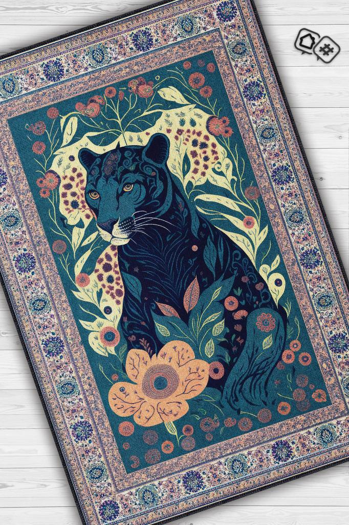 Homshtag Nuh'un Gemisi Koleksiyonu Panter, Çiçek Desenli Art Deco Tarzı Vintage Halı,Çok Renkli Maksimalist Halı