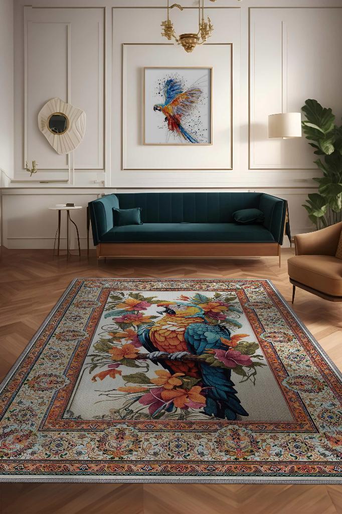Homshtag Nuh'un Gemisi Koleksiyonu Papağan, Çiçek Desenli Art Deco Tarzı Vintage Halı,Çok Renkli Maksimalist Halı