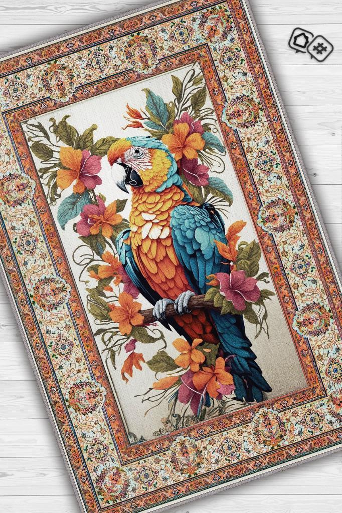 Homshtag Nuh'un Gemisi Koleksiyonu Papağan, Çiçek Desenli Art Deco Tarzı Vintage Halı,Çok Renkli Maksimalist Halı