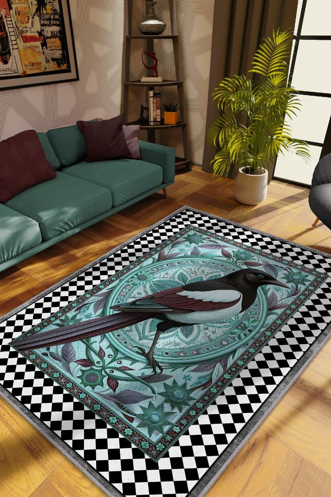 Homshtag Nuh'un Gemisi Koleksiyonu Saksağan Kuşu Temalı Damalı Rustik Renkli Bordürlü Konsept Halı