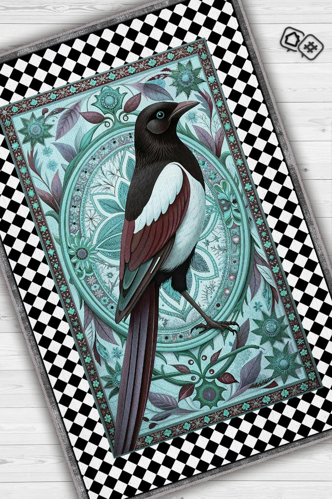 Homshtag Nuh'un Gemisi Koleksiyonu Saksağan Kuşu Temalı Damalı Rustik Renkli Bordürlü Konsept Halı