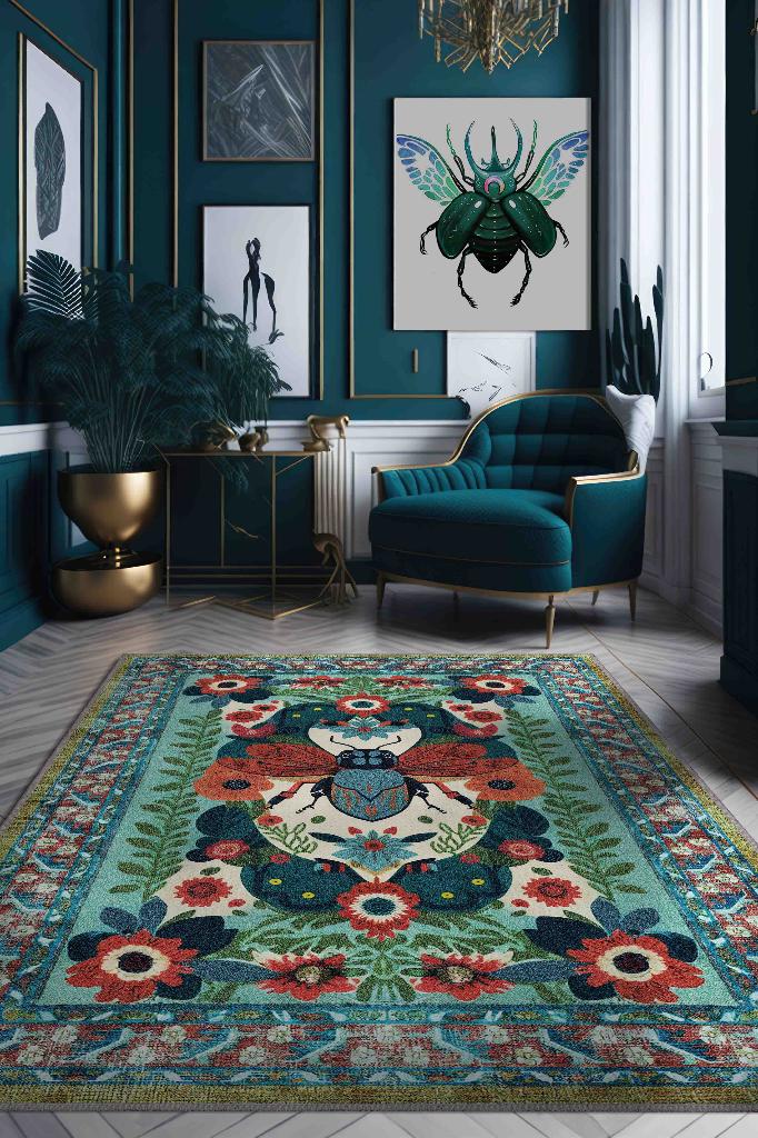 Homshtag Nuh'un Gemisi Koleksiyonu Sinek, Çiçek Desenli Art Deco Tarzı Vintage Halı,Çok Renkli Maksimalist Halı