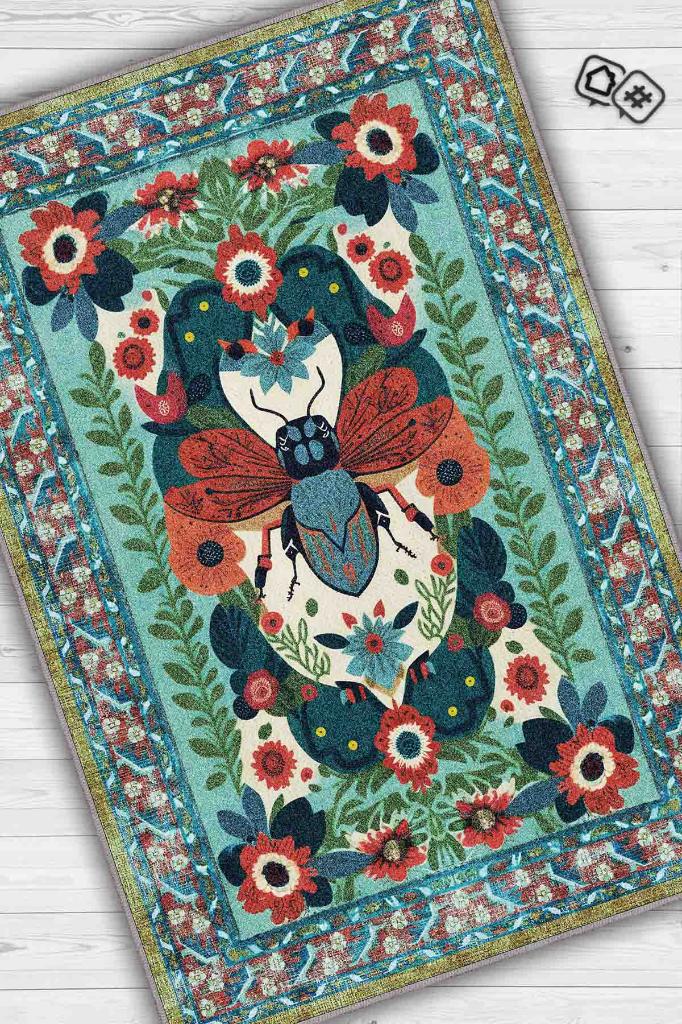 Homshtag Nuh'un Gemisi Koleksiyonu Sinek, Çiçek Desenli Art Deco Tarzı Vintage Halı,Çok Renkli Maksimalist Halı