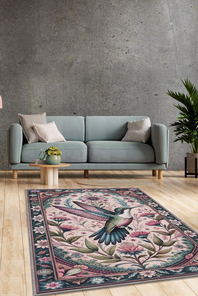 Homshtag Nuh'un Gemisi Koleksiyonu Sinek Kuşu Çiçek Temalı Vintage Renkli Maksimalist Halı