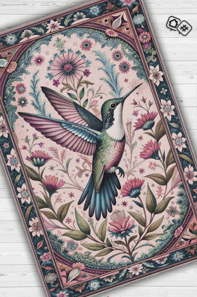 Homshtag Nuh'un Gemisi Koleksiyonu Sinek Kuşu Çiçek Temalı Vintage Renkli Maksimalist Halı