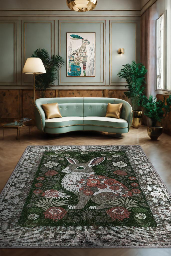 Homshtag Nuh'un Gemisi Koleksiyonu Tavşan, Çiçek Desenli Art Deco Tarzı Vintage Halı,Çok Renkli Maksimalist Halı