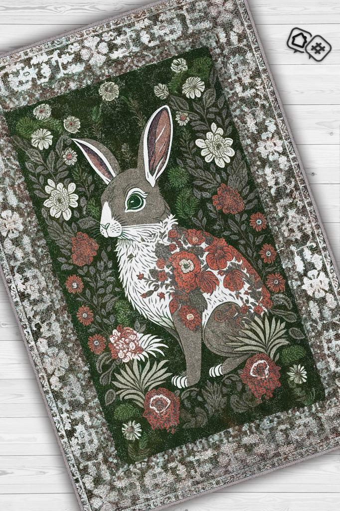 Homshtag Nuh'un Gemisi Koleksiyonu Tavşan, Çiçek Desenli Art Deco Tarzı Vintage Halı,Çok Renkli Maksimalist Halı