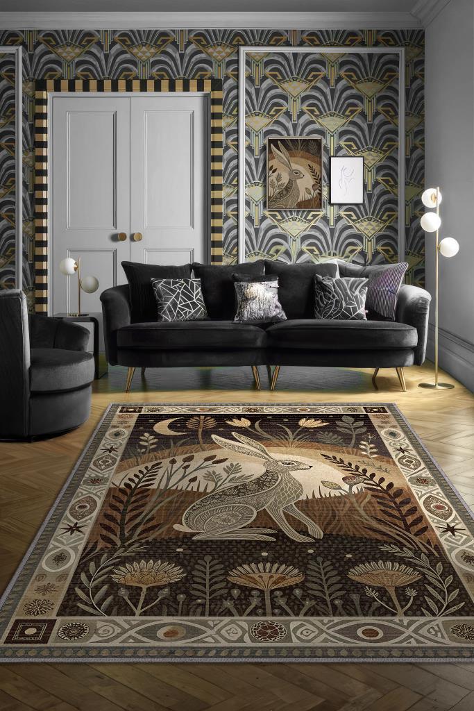 Homshtag Nuh'un Gemisi Koleksiyonu Tavşan Temalı Çiçekli Krem Soft Renkli Bordürlü Şık Konsept Halı