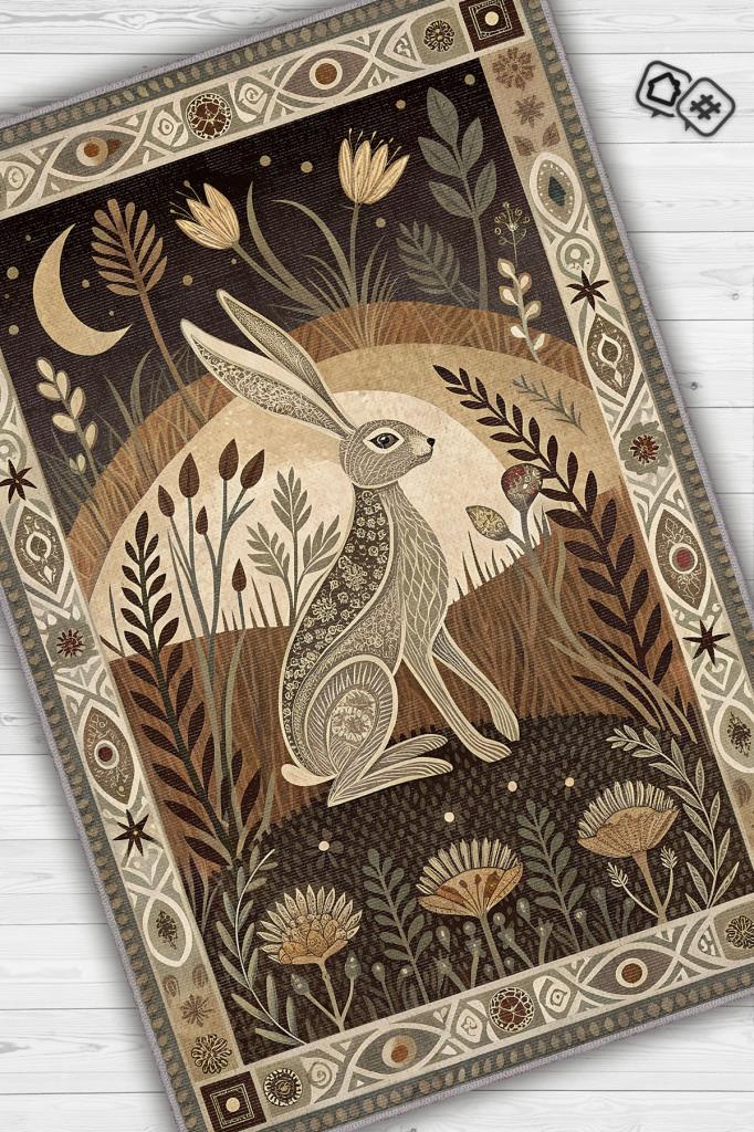 Homshtag Nuh'un Gemisi Koleksiyonu Tavşan Temalı Çiçekli Krem Soft Renkli Bordürlü Şık Konsept Halı