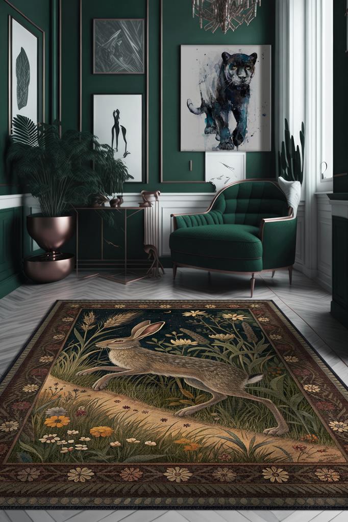 Homshtag Nuh'un Gemisi Koleksiyonu Tavşan Temalı Çiçekli Siyah Renkli Bordürlü Şık Konsept Halı