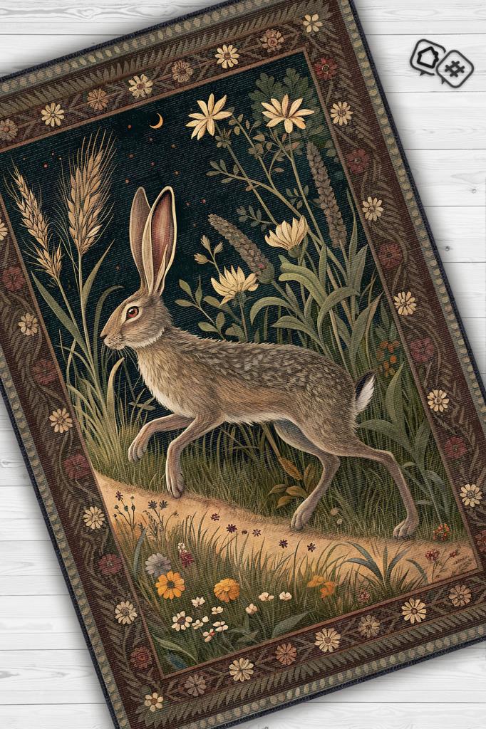 Homshtag Nuh'un Gemisi Koleksiyonu Tavşan Temalı Çiçekli Siyah Renkli Bordürlü Şık Konsept Halı