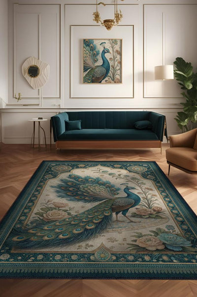 Homshtag Noah's Ark Collection Peacock Themed Floral Multicolored Bordered Elegant Concept Rug