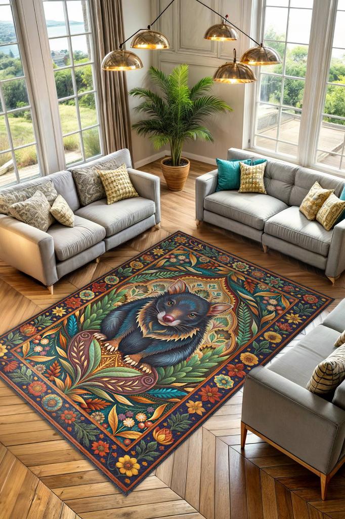 Homshtag Nuh'un Gemisi Koleksiyonu Tazmanya Canavarı Temalı Çiçekli Çok Renkli Bordürlü Konsept Halı