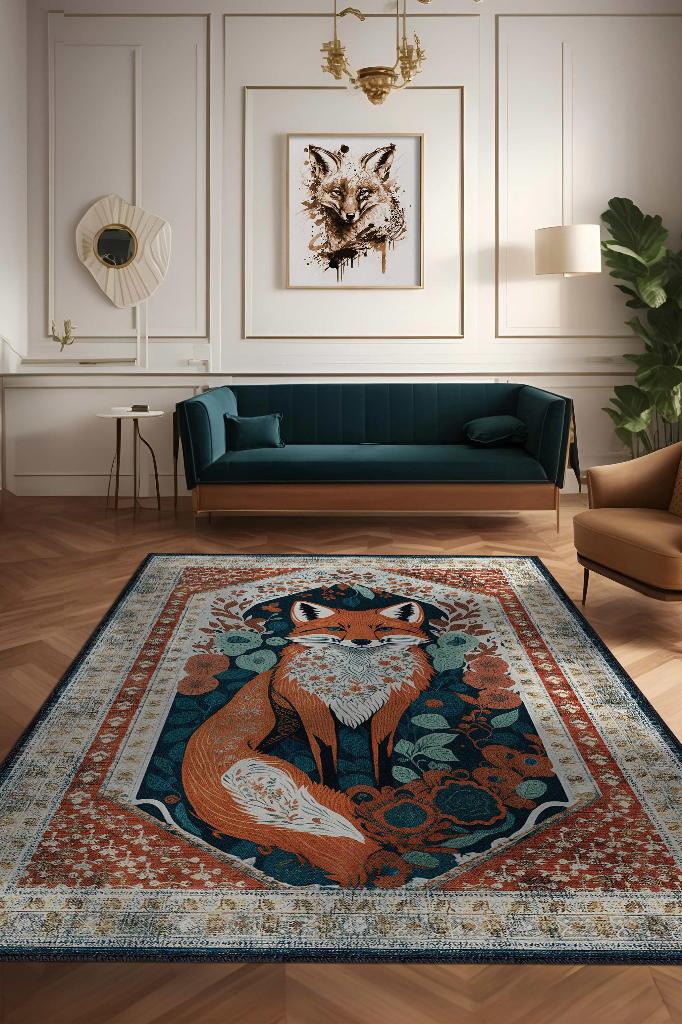 Homshtag Nuh'un Gemisi Koleksiyonu Tilki, Çiçek Desenli Art Deco Tarzı Vintage Halı,Çok Renkli Maksimalist Halı