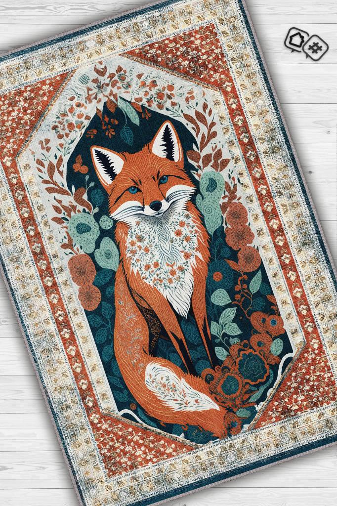 Homshtag Nuh'un Gemisi Koleksiyonu Tilki, Çiçek Desenli Art Deco Tarzı Vintage Halı,Çok Renkli Maksimalist Halı