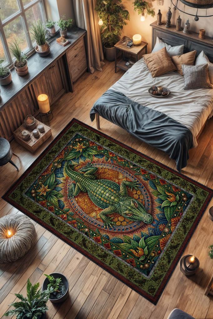 Homshtag Nuh'un Gemisi Koleksiyonu Timsah Temalı Çiçekli Yeşil Renkli Bordürlü Şık Konsept Halı